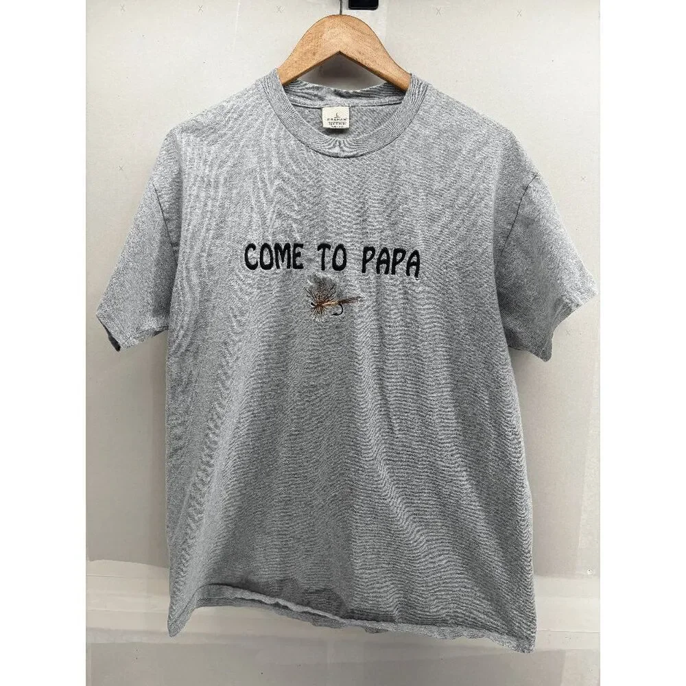 Vintage Come to Papa Fly Fishing Shirt Size L Made in USA Gray Short‎ Sleeve